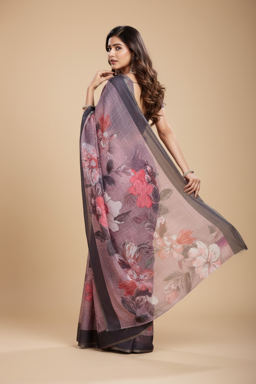 Snuggle Spot Women's Semi Cotton Digital Print Saree With Unstitched Blouse 5.5Mtr (lavender)