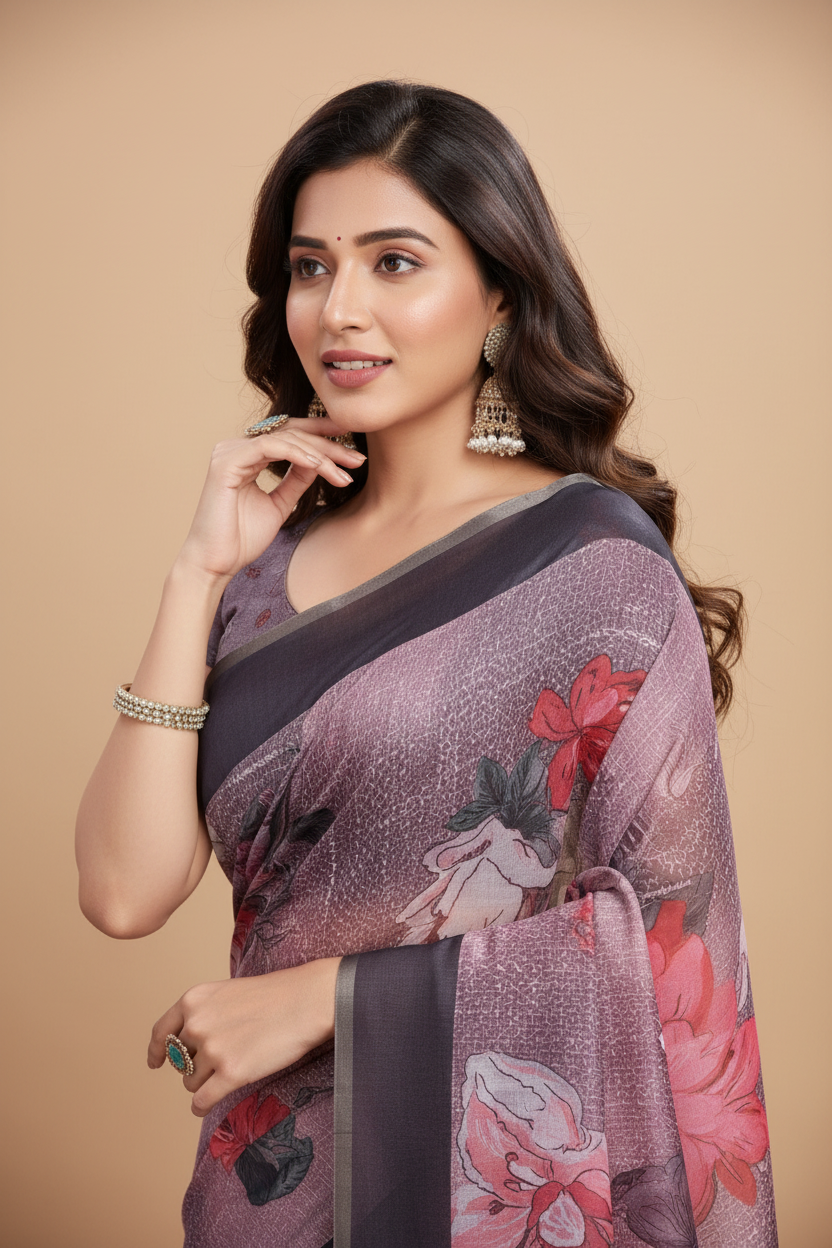 Snuggle Spot Women's Semi Cotton Digital Print Saree With Unstitched Blouse 5.5Mtr (lavender)