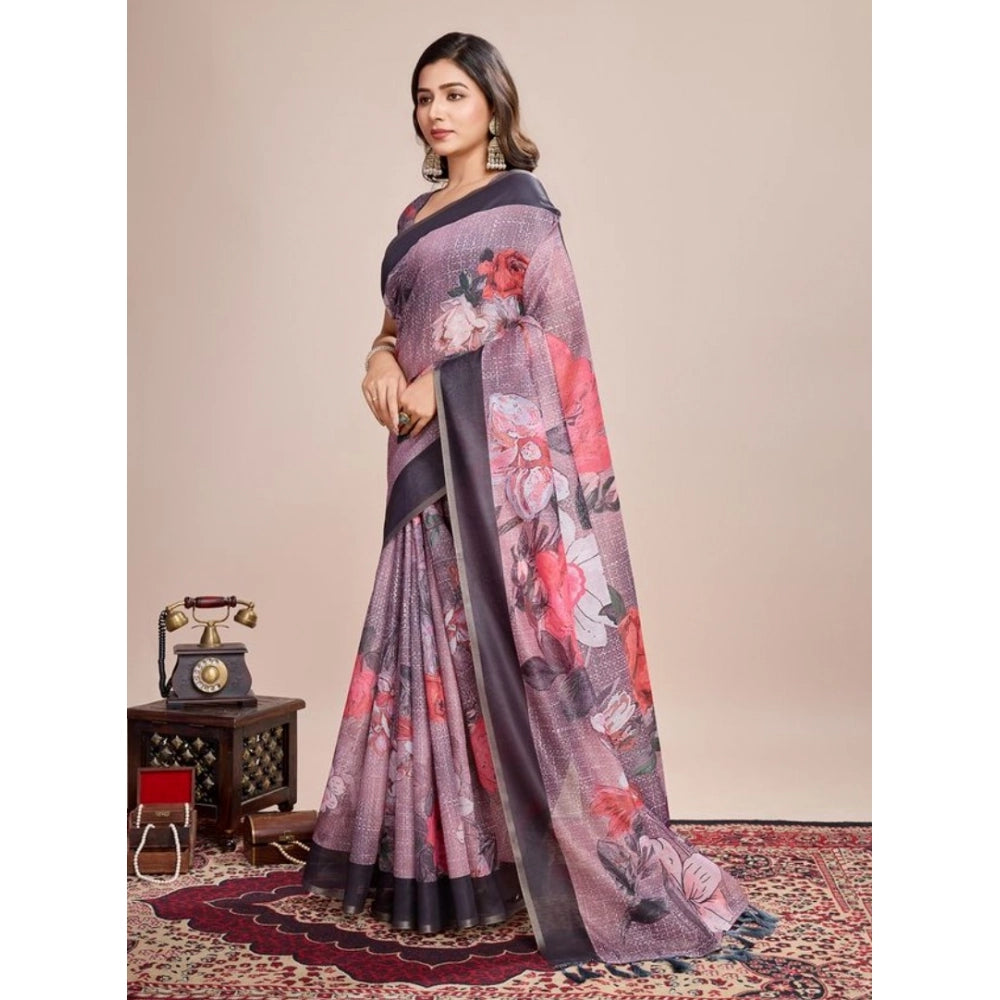 Snuggle Spot Women's Semi Cotton Digital Print Saree With Unstitched Blouse 5.5Mtr (lavender)