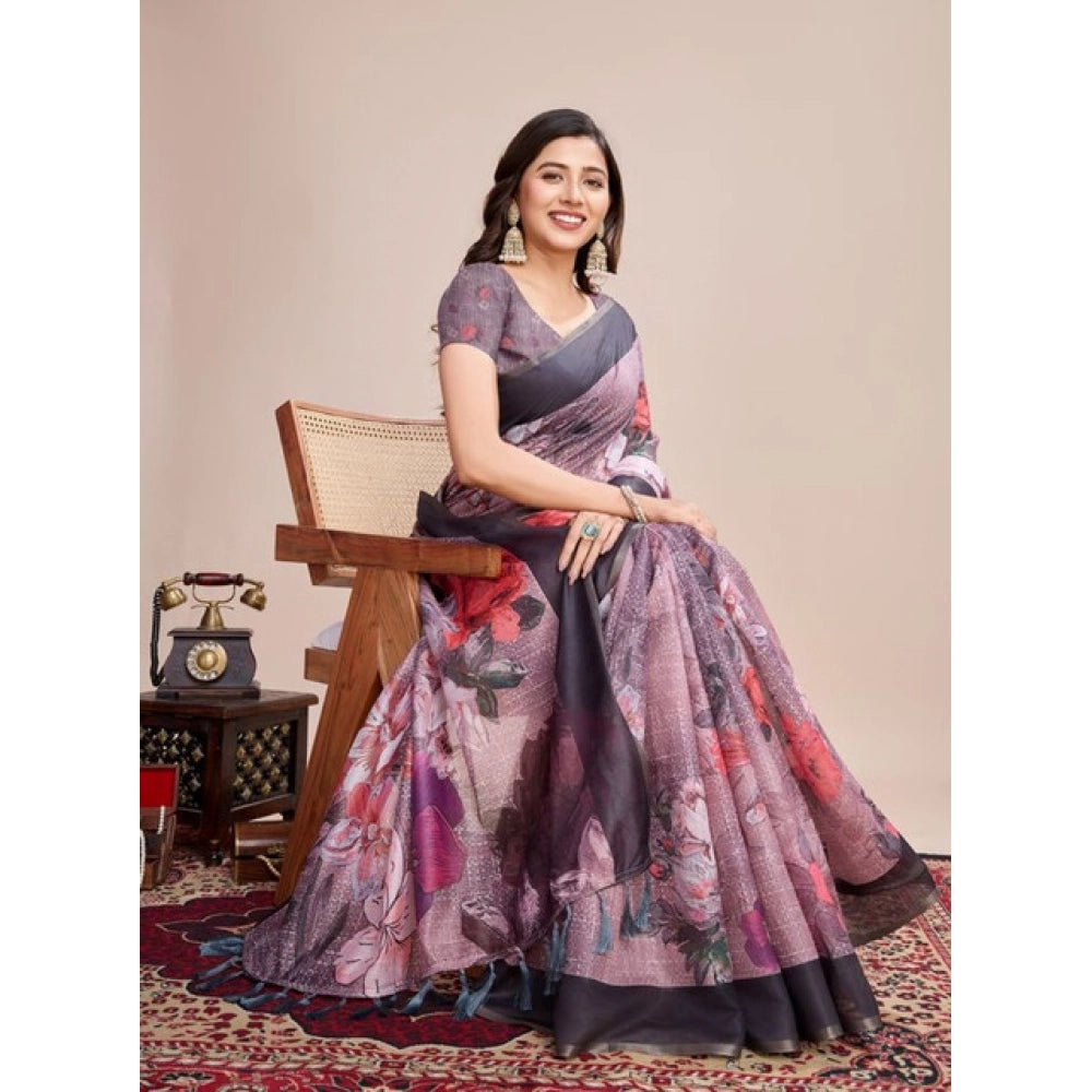 Snuggle Spot Women's Semi Cotton Digital Print Saree With Unstitched Blouse 5.5Mtr (lavender)