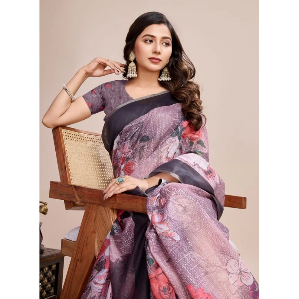 Snuggle Spot Women's Semi Cotton Digital Print Saree With Unstitched Blouse 5.5Mtr (lavender)