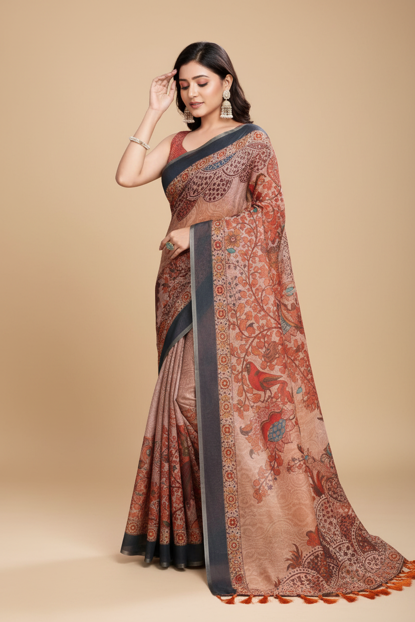 Snuggle Spot Women's Semi Cotton Digital Print Saree With Unstitched Blouse 5.5Mtr (Orange)