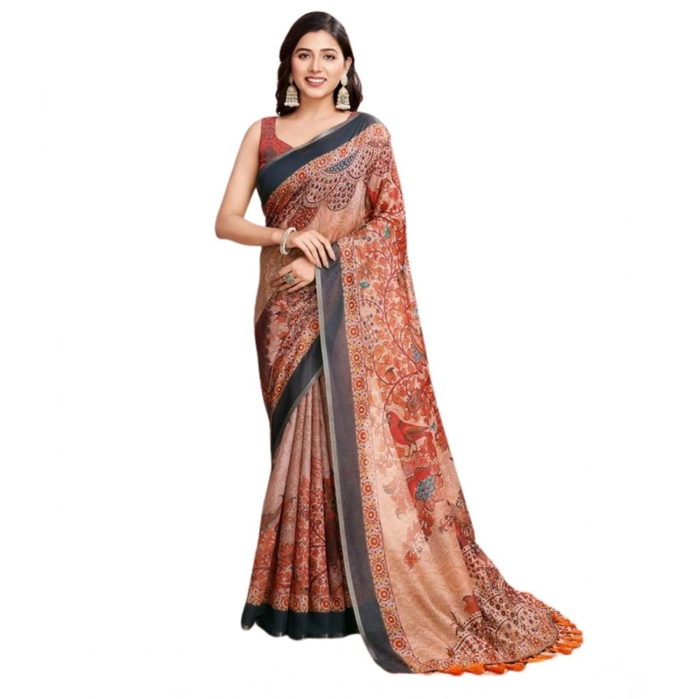 Snuggle Spot Women's Semi Cotton Digital Print Saree With Unstitched Blouse 5.5Mtr (Orange)