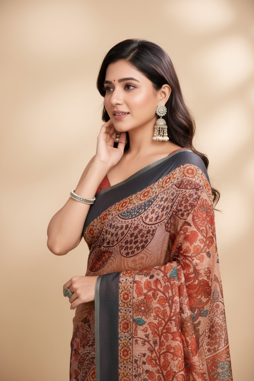 Snuggle Spot Women's Semi Cotton Digital Print Saree With Unstitched Blouse 5.5Mtr (Orange)