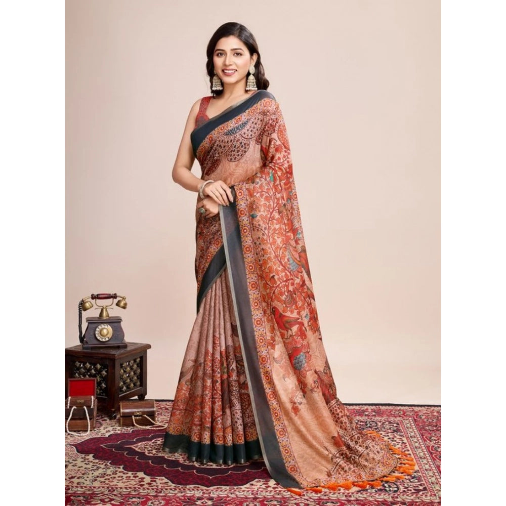 Snuggle Spot Women's Semi Cotton Digital Print Saree With Unstitched Blouse 5.5Mtr (Orange)