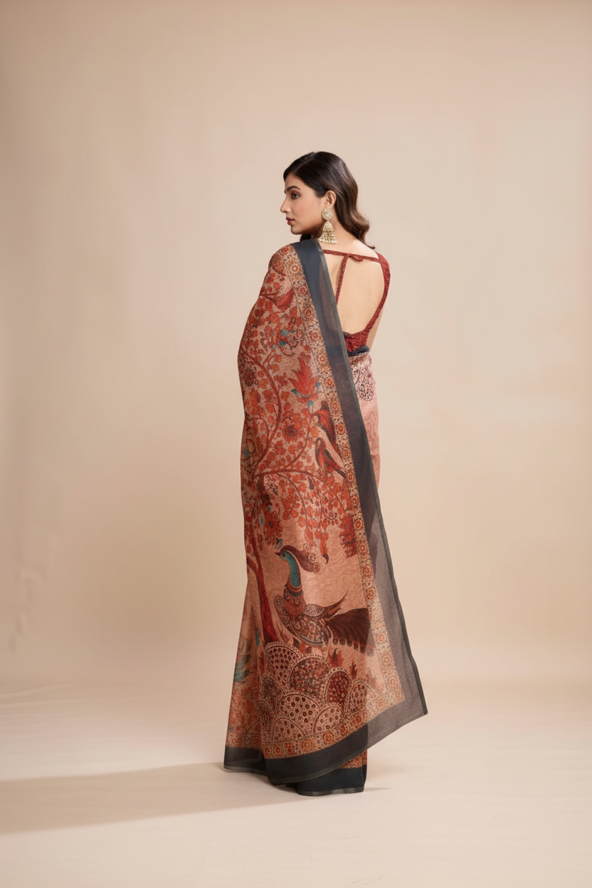 Snuggle Spot Women's Semi Cotton Digital Print Saree With Unstitched Blouse 5.5Mtr (Orange)