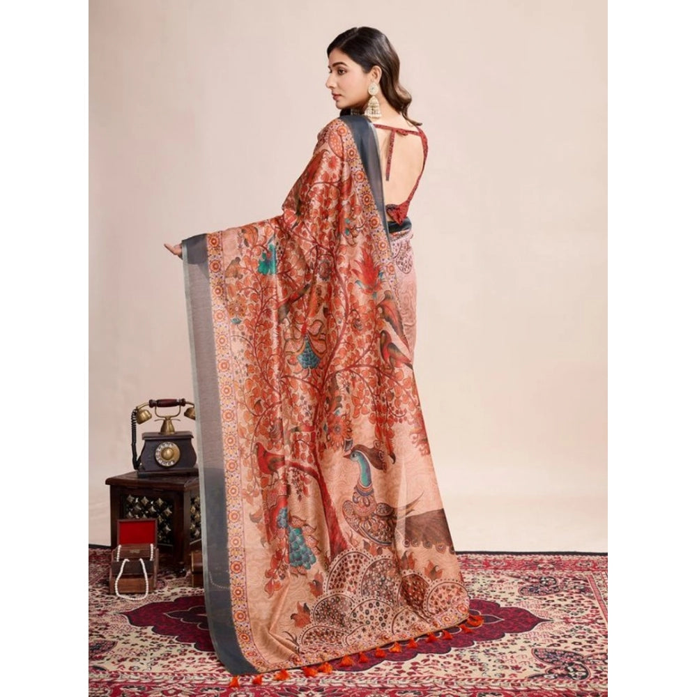 Snuggle Spot Women's Semi Cotton Digital Print Saree With Unstitched Blouse 5.5Mtr (Orange)