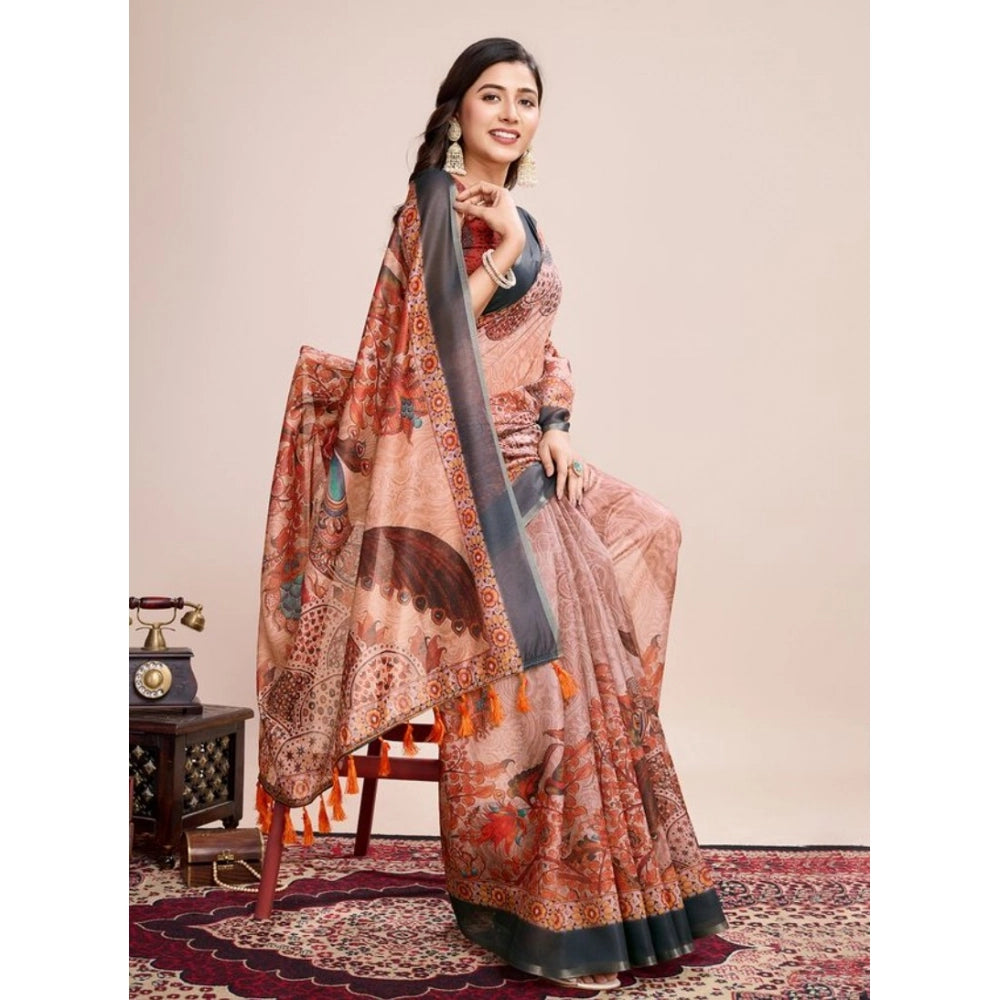 Snuggle Spot Women's Semi Cotton Digital Print Saree With Unstitched Blouse 5.5Mtr (Orange)