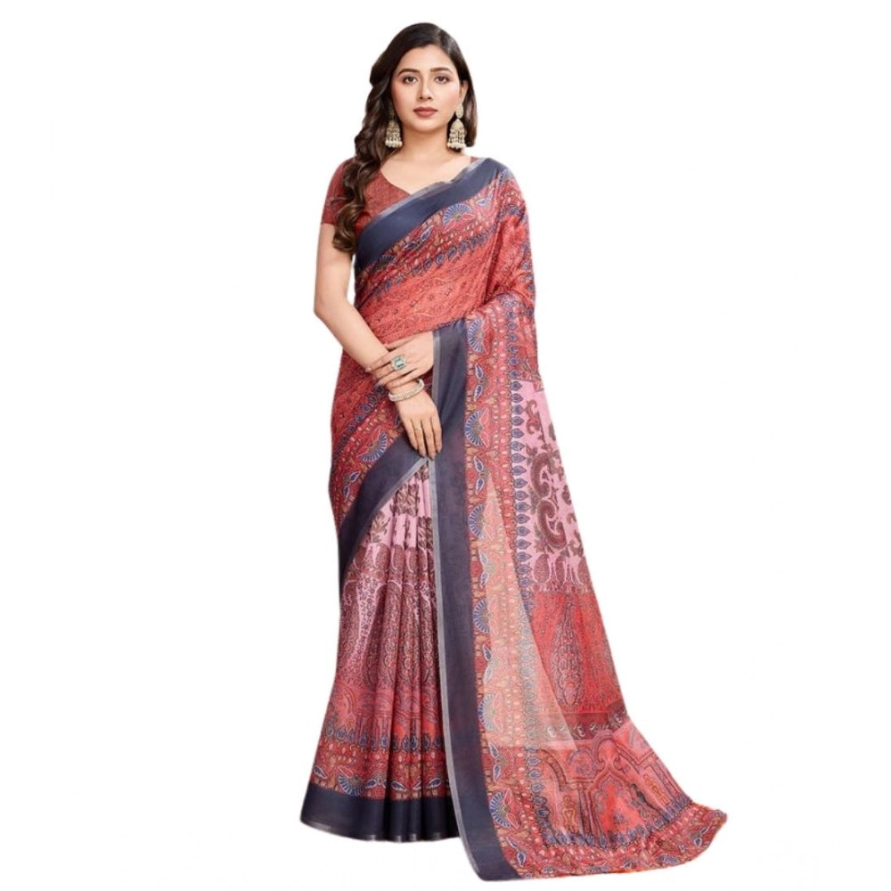 Snuggle Spot Women's Semi Cotton Digital Print Saree With Unstitched Blouse 5.5Mtr (Peach)