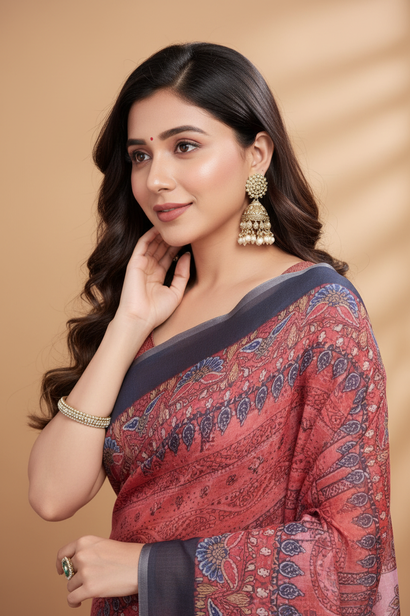 Snuggle Spot Women's Semi Cotton Digital Print Saree With Unstitched Blouse 5.5Mtr (Peach)