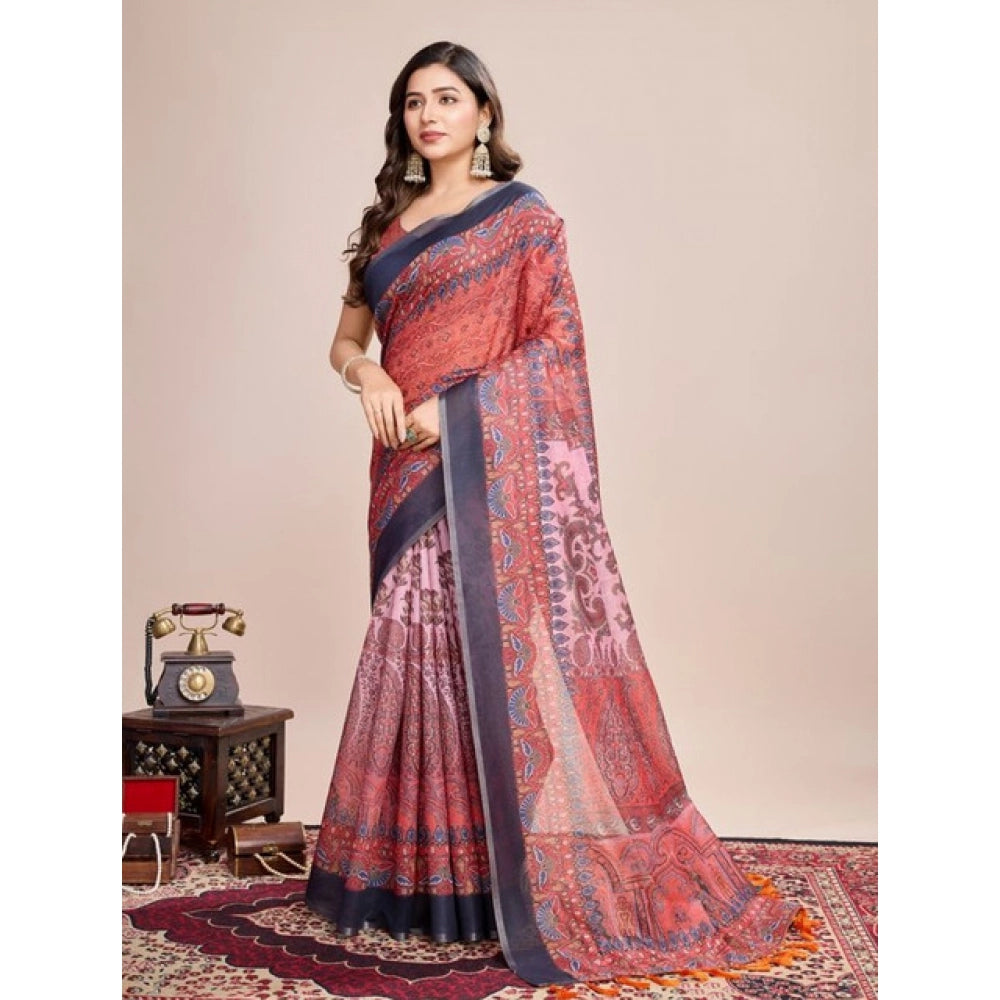 Snuggle Spot Women's Semi Cotton Digital Print Saree With Unstitched Blouse 5.5Mtr (Peach)