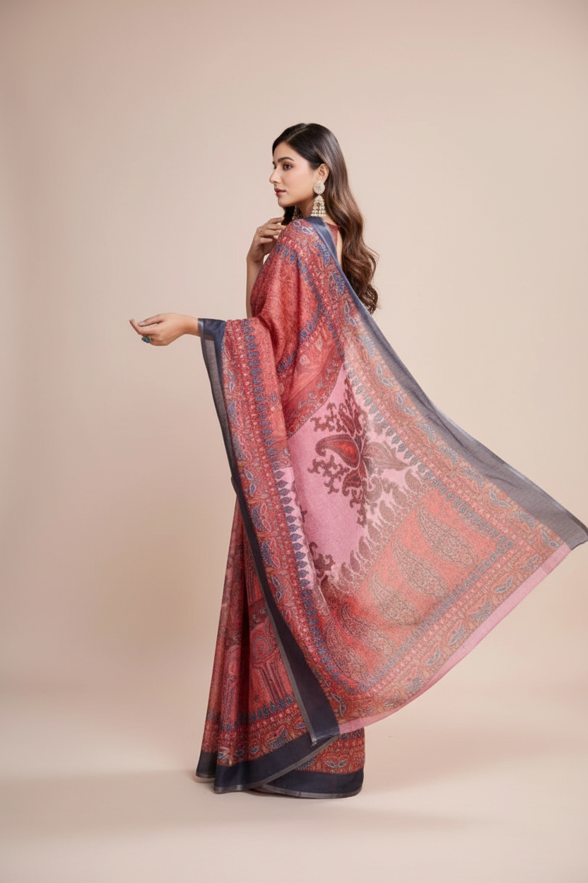 Snuggle Spot Women's Semi Cotton Digital Print Saree With Unstitched Blouse 5.5Mtr (Peach)