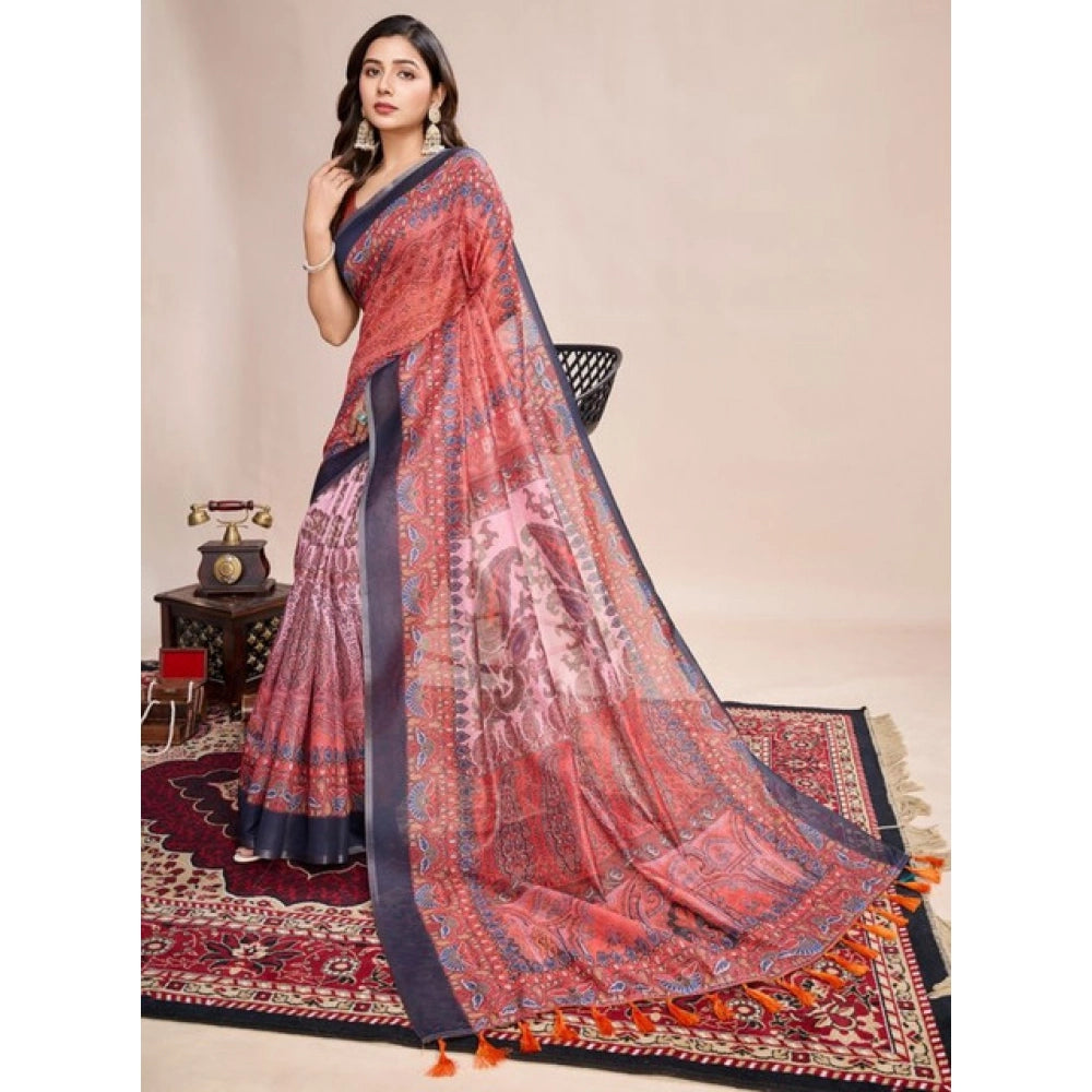Snuggle Spot Women's Semi Cotton Digital Print Saree With Unstitched Blouse 5.5Mtr (Peach)