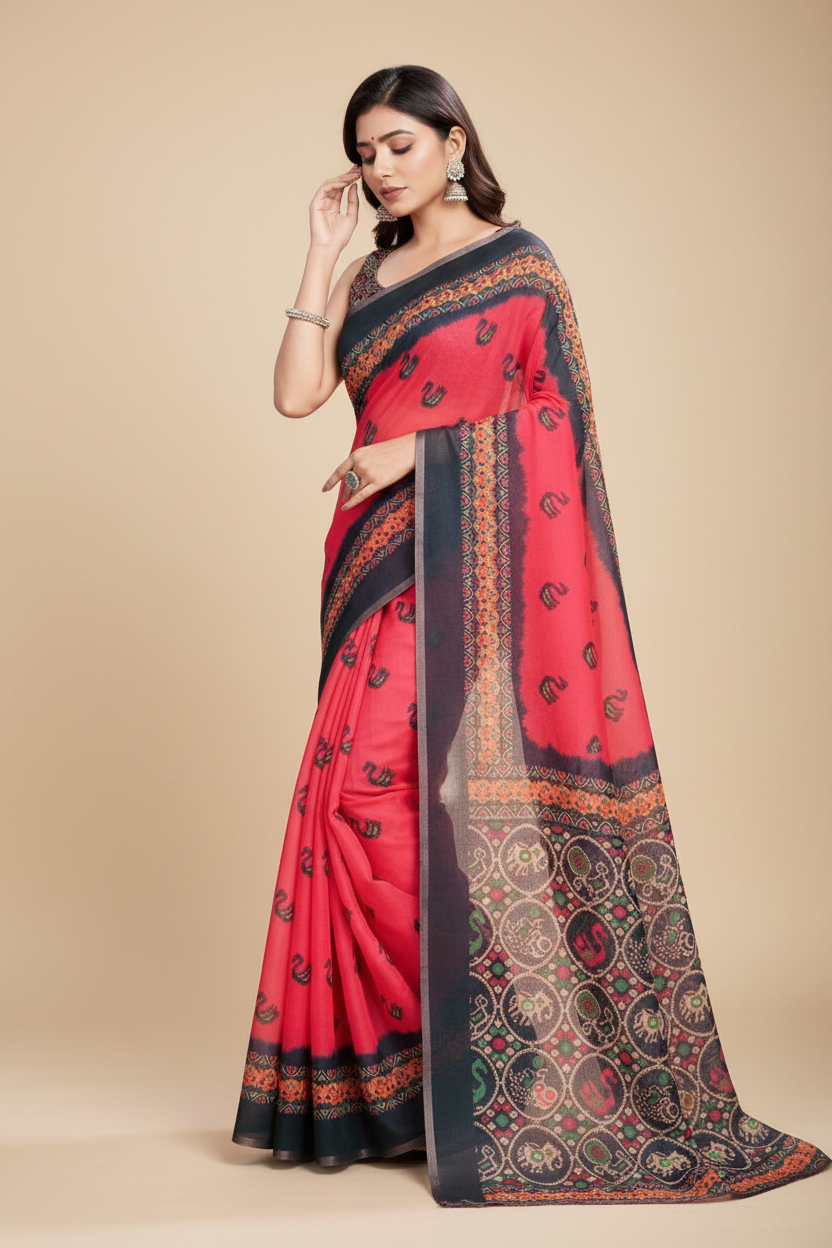 Snuggle Spot Women's Semi Cotton Digital Print Saree With Unstitched Blouse 5.5Mtr (Red)