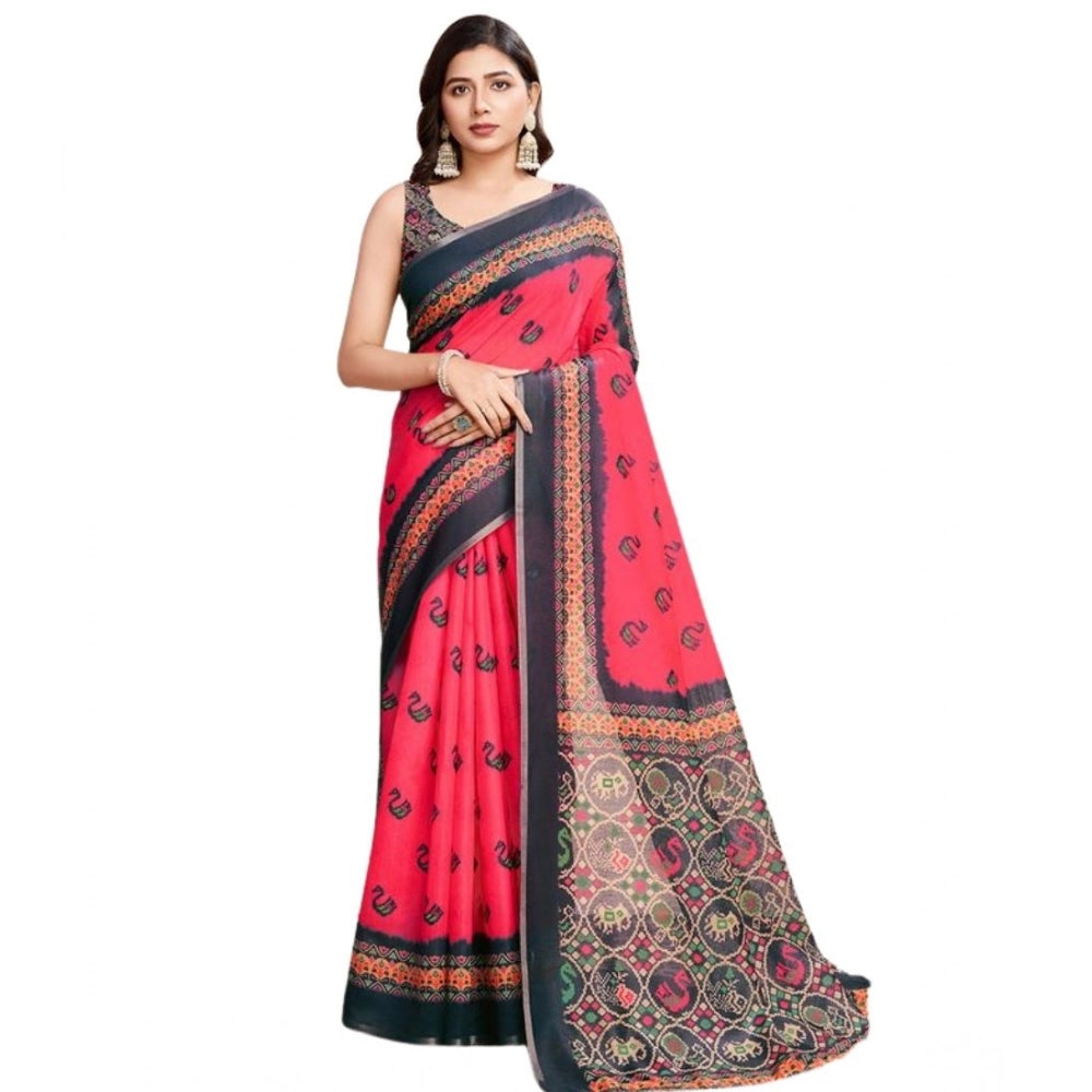 Snuggle Spot Women's Semi Cotton Digital Print Saree With Unstitched Blouse 5.5Mtr (Red)