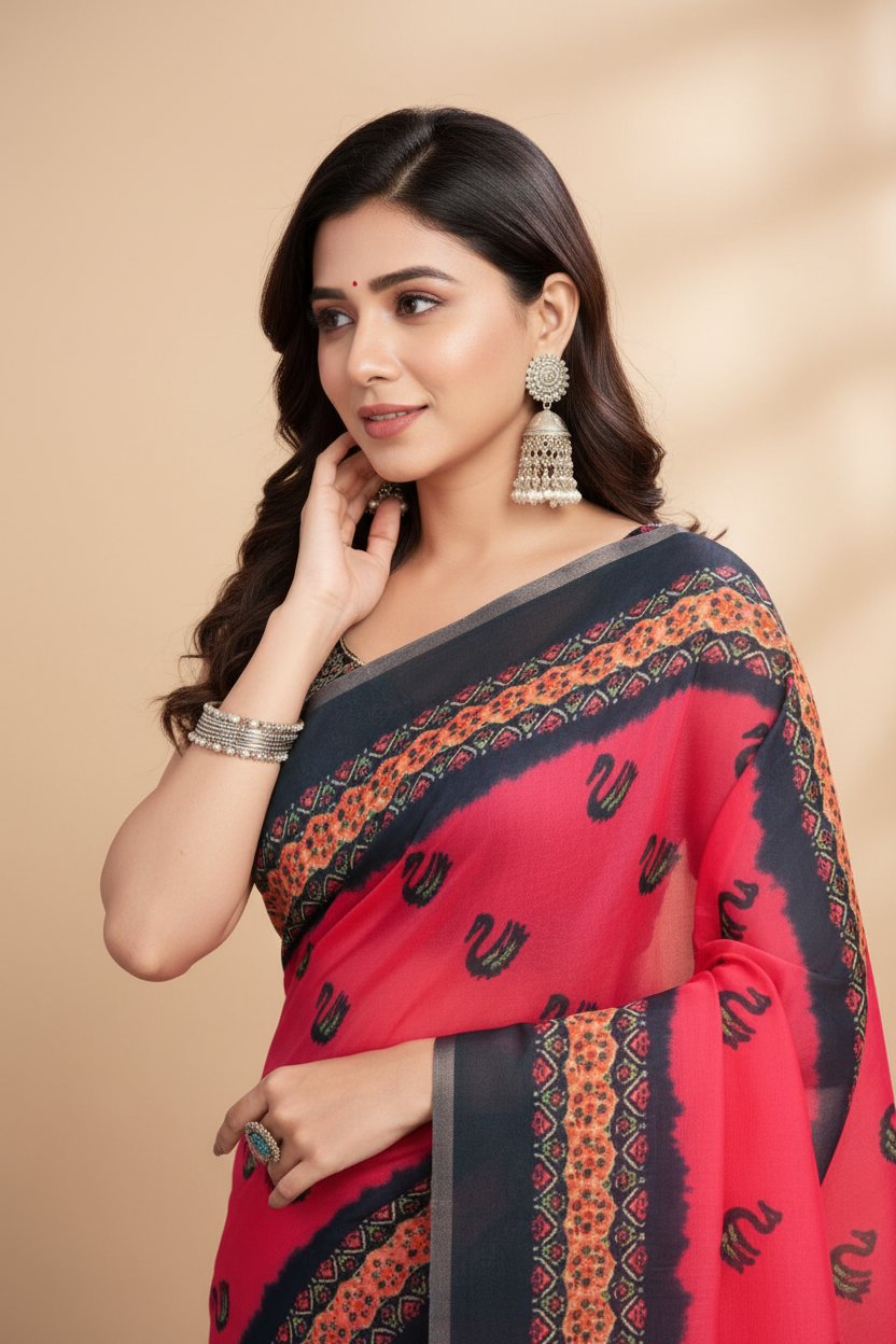 Snuggle Spot Women's Semi Cotton Digital Print Saree With Unstitched Blouse 5.5Mtr (Red)