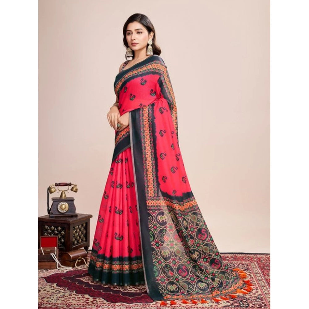 Snuggle Spot Women's Semi Cotton Digital Print Saree With Unstitched Blouse 5.5Mtr (Red)