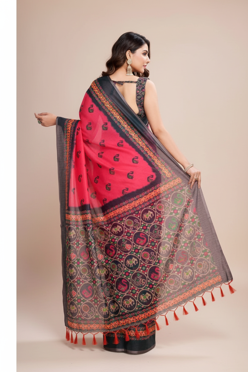Snuggle Spot Women's Semi Cotton Digital Print Saree With Unstitched Blouse 5.5Mtr (Red)