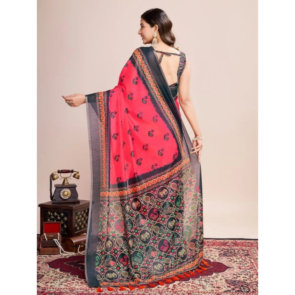 Snuggle Spot Women's Semi Cotton Digital Print Saree With Unstitched Blouse 5.5Mtr (Red)