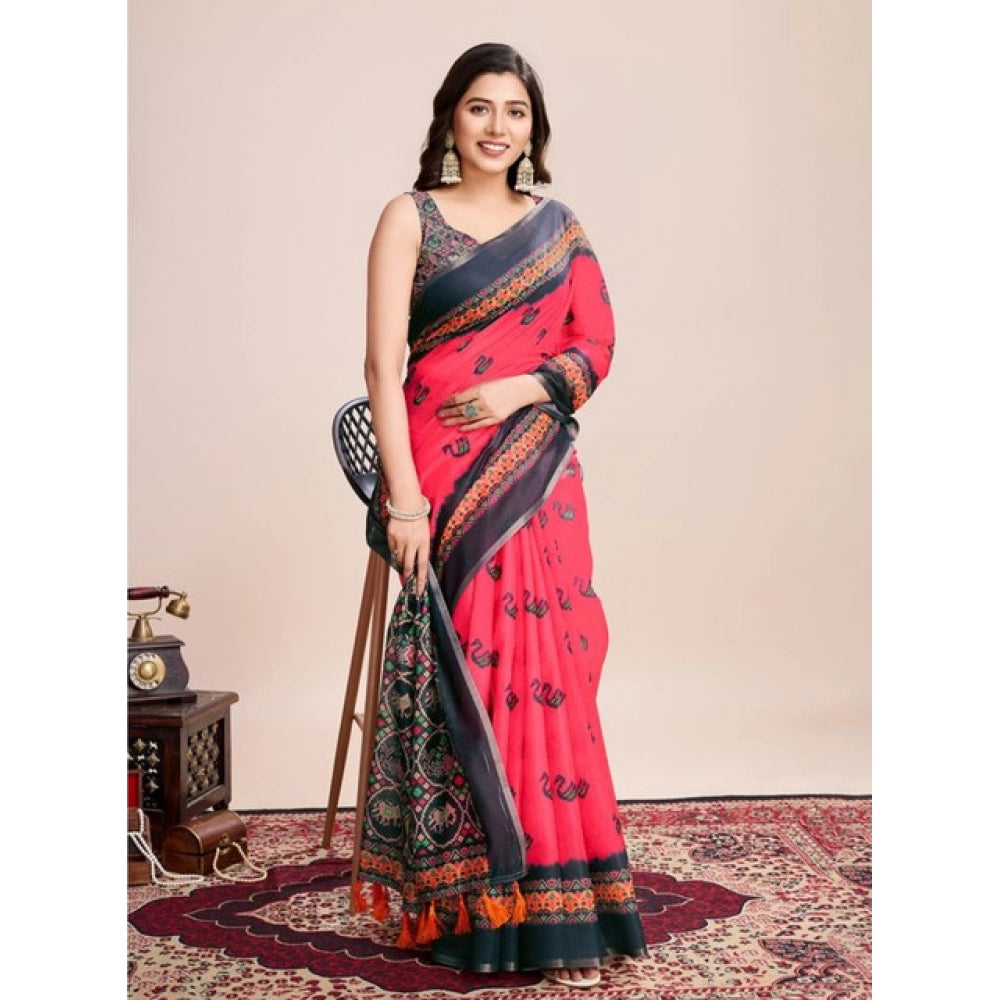 Snuggle Spot Women's Semi Cotton Digital Print Saree With Unstitched Blouse 5.5Mtr (Red)