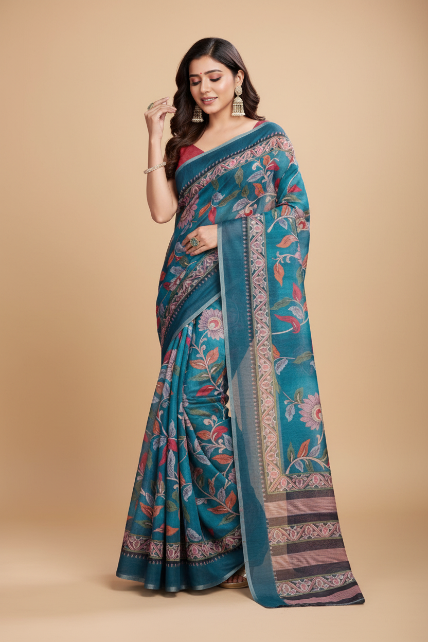 Snuggle Spot Women's Semi Cotton Digital Print Saree With Unstitched Blouse 5.5Mtr (Teal)