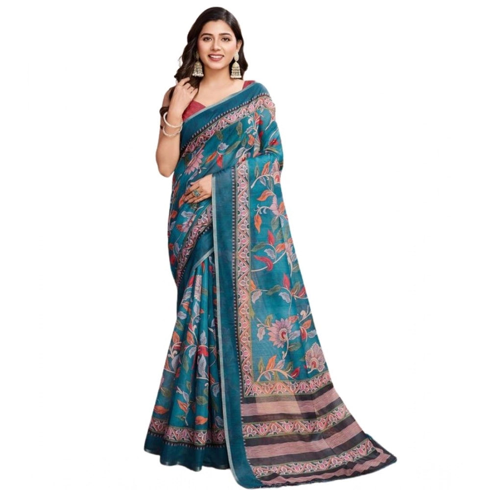 Snuggle Spot Women's Semi Cotton Digital Print Saree With Unstitched Blouse 5.5Mtr (Teal)