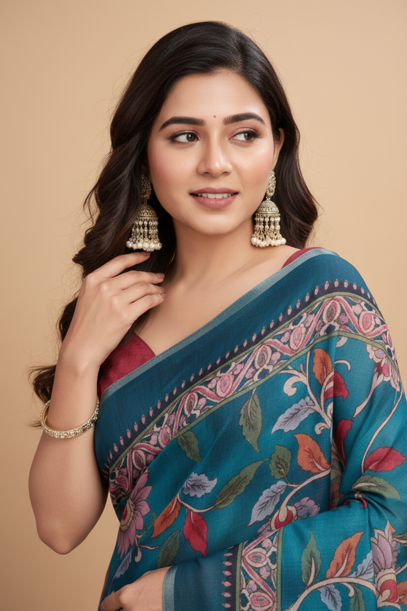 Snuggle Spot Women's Semi Cotton Digital Print Saree With Unstitched Blouse 5.5Mtr (Teal)