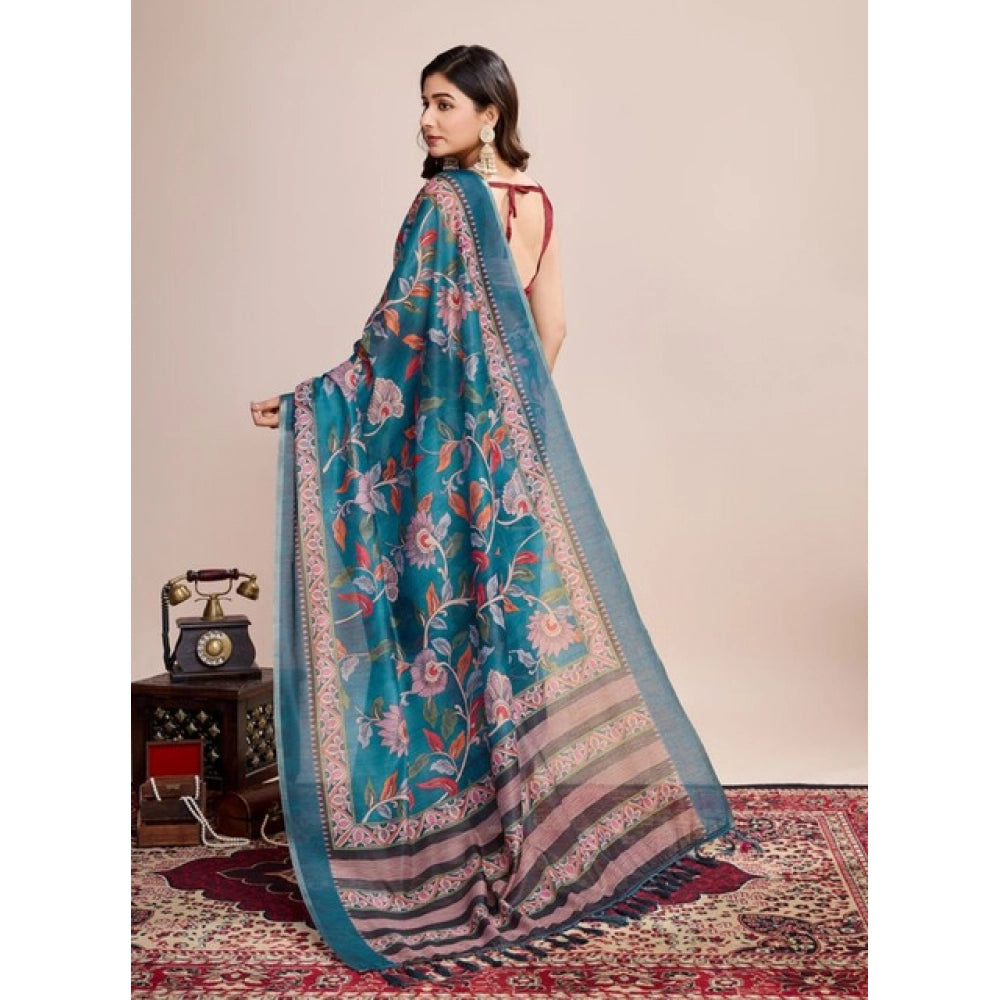 Snuggle Spot Women's Semi Cotton Digital Print Saree With Unstitched Blouse 5.5Mtr (Teal)
