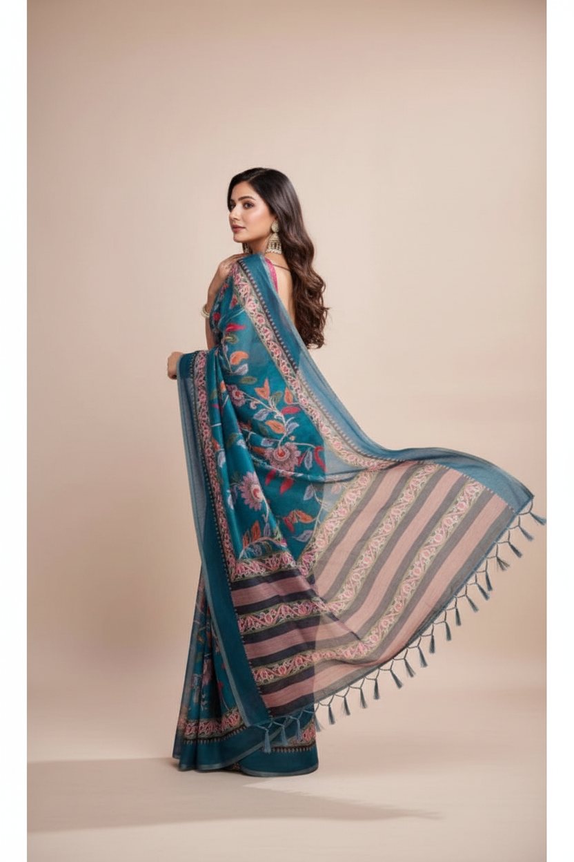 Snuggle Spot Women's Semi Cotton Digital Print Saree With Unstitched Blouse 5.5Mtr (Teal)