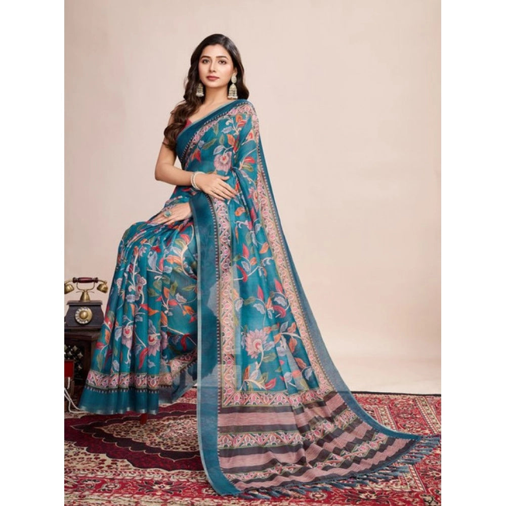 Snuggle Spot Women's Semi Cotton Digital Print Saree With Unstitched Blouse 5.5Mtr (Teal)