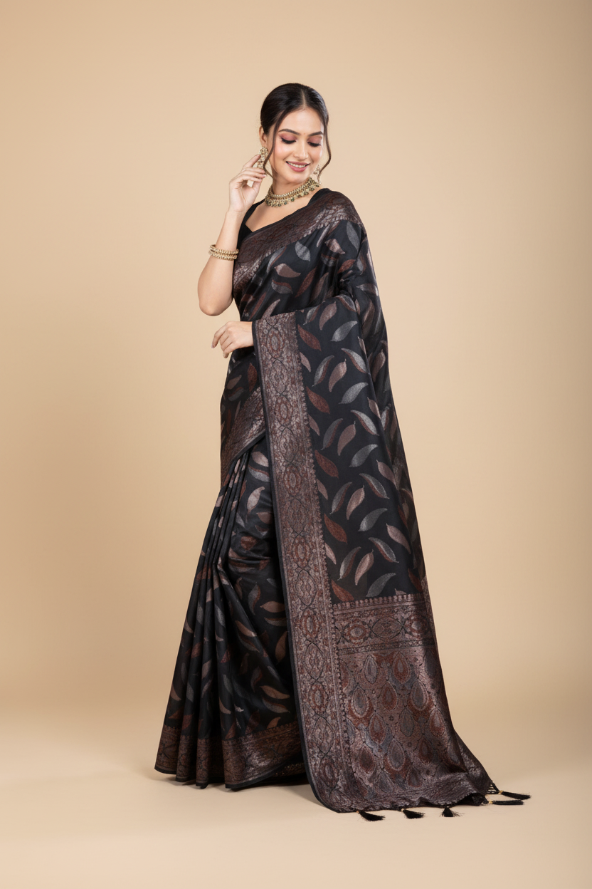 Snuggle Spot Women's Soft Silk Jacquard Saree With Unstitched Blouse 5.5Mtr (Black)