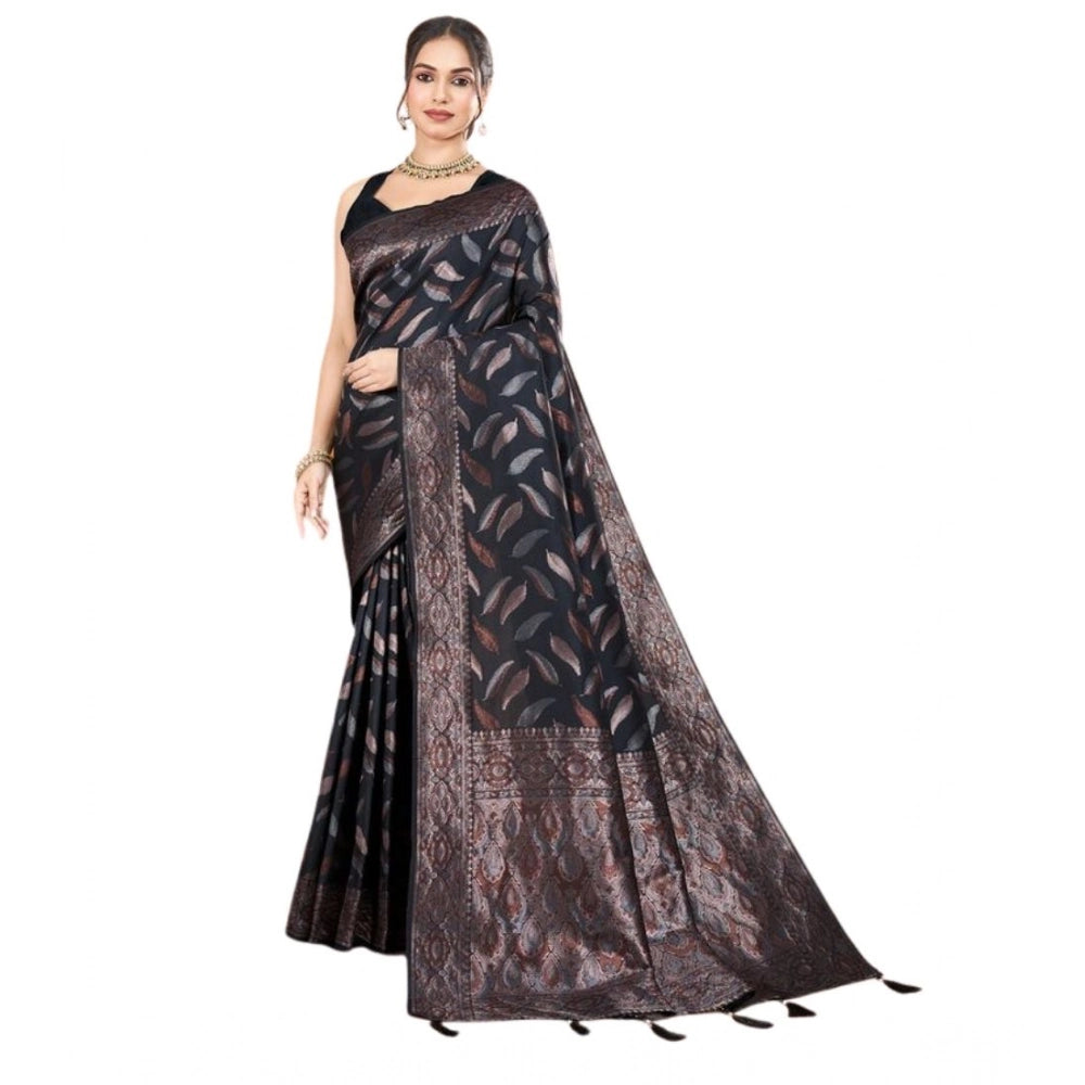 Snuggle Spot Women's Soft Silk Jacquard Saree With Unstitched Blouse 5.5Mtr (Black)