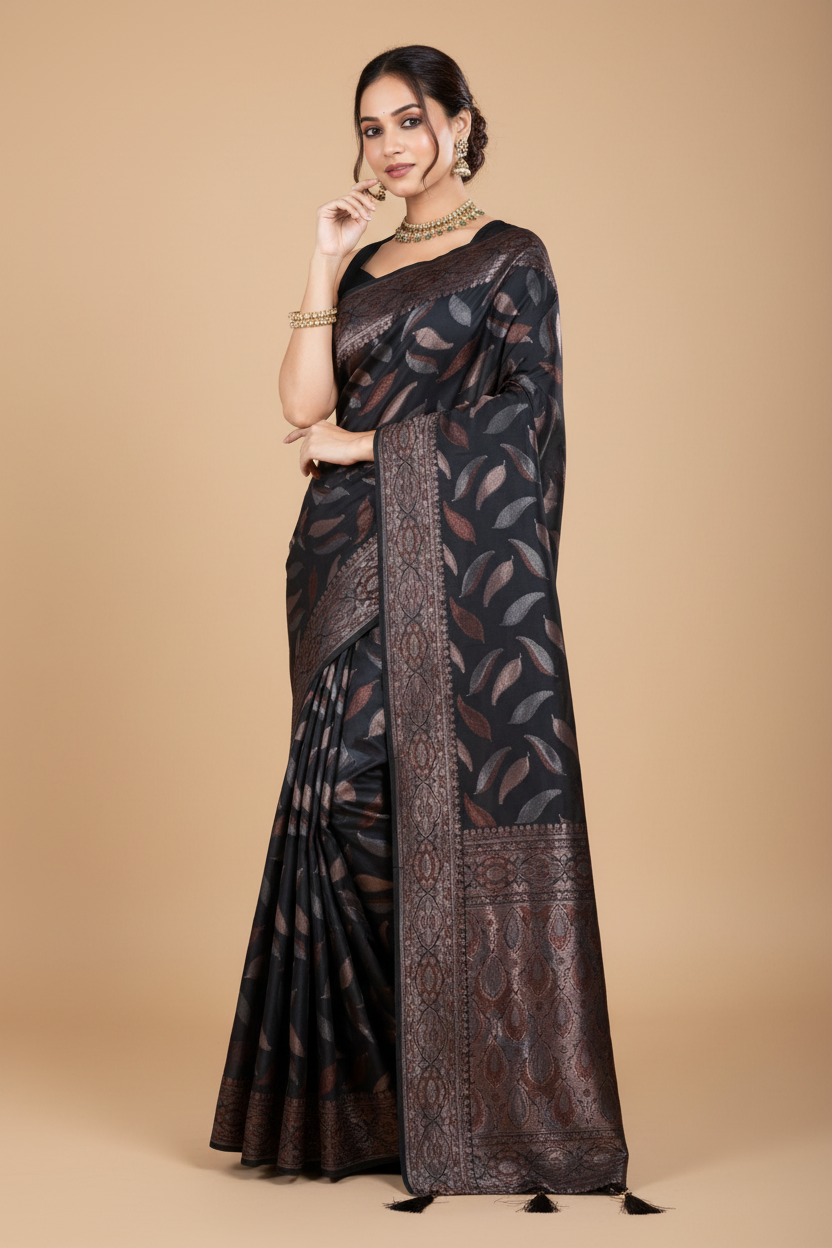 Snuggle Spot Women's Soft Silk Jacquard Saree With Unstitched Blouse 5.5Mtr (Black)