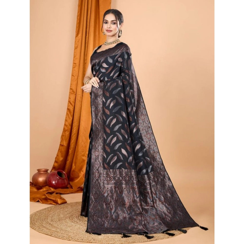 Snuggle Spot Women's Soft Silk Jacquard Saree With Unstitched Blouse 5.5Mtr (Black)