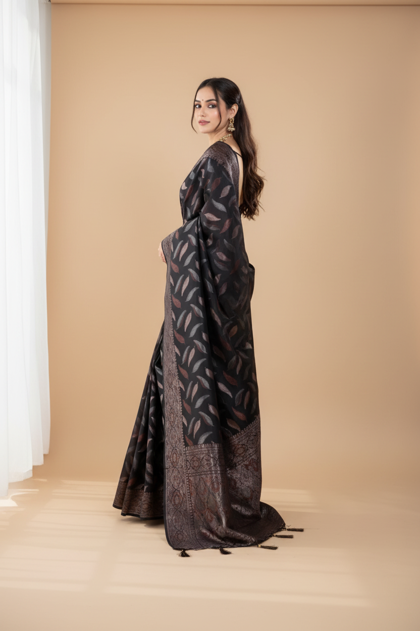 Snuggle Spot Women's Soft Silk Jacquard Saree With Unstitched Blouse 5.5Mtr (Black)
