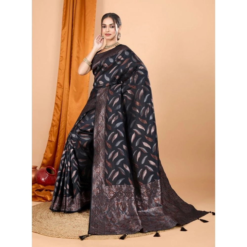 Snuggle Spot Women's Soft Silk Jacquard Saree With Unstitched Blouse 5.5Mtr (Black)
