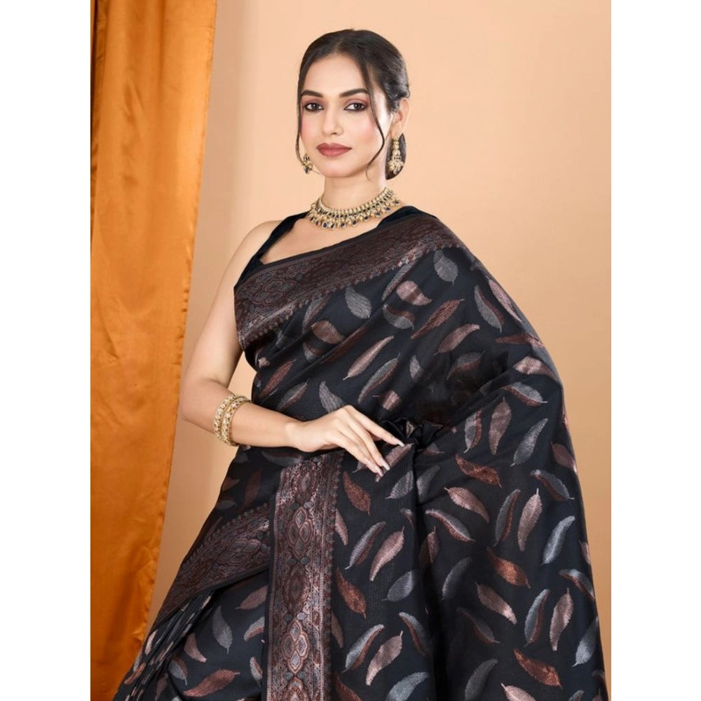 Snuggle Spot Women's Soft Silk Jacquard Saree With Unstitched Blouse 5.5Mtr (Black)