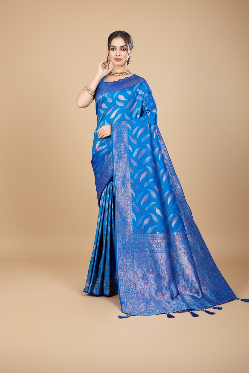 Snuggle Spot Women's Soft Silk Jacquard Saree With Unstitched Blouse 5.5Mtr (Blue)