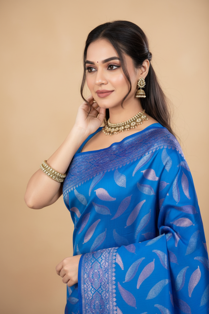 Snuggle Spot Women's Soft Silk Jacquard Saree With Unstitched Blouse 5.5Mtr (Blue)