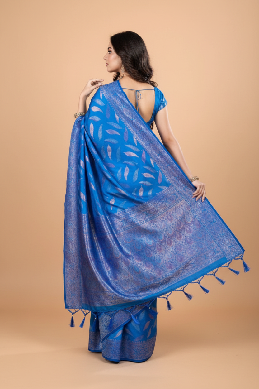 Snuggle Spot Women's Soft Silk Jacquard Saree With Unstitched Blouse 5.5Mtr (Blue)