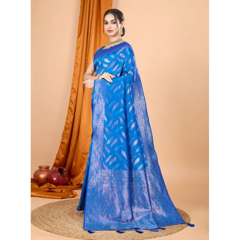 Snuggle Spot Women's Soft Silk Jacquard Saree With Unstitched Blouse 5.5Mtr (Blue)