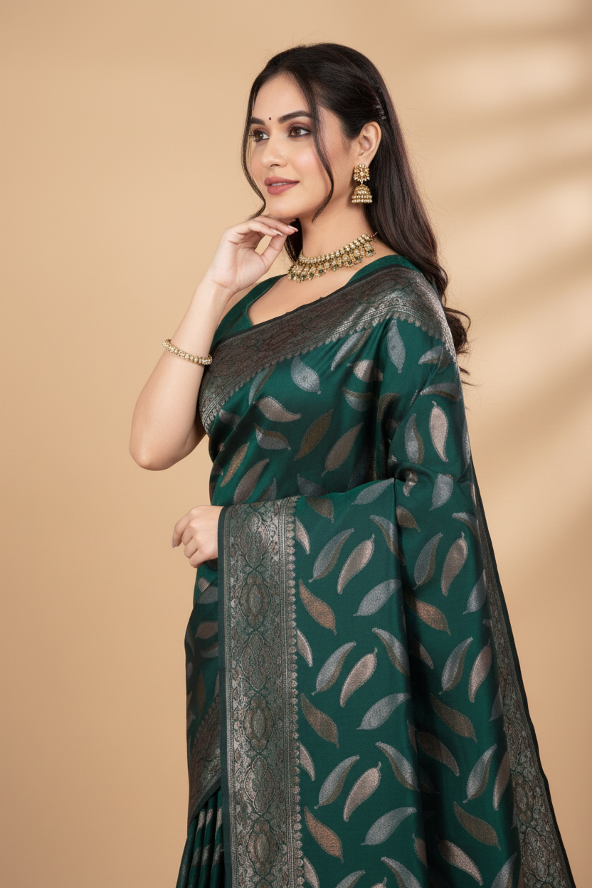 Snuggle Spot Women's Soft Silk Jacquard Saree With Unstitched Blouse 5.5Mtr (Green)