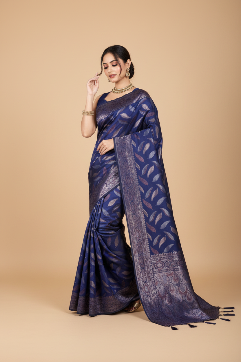 Snuggle Spot Women's Soft Silk Jacquard Saree With Unstitched Blouse 5.5Mtr (Navy Blue)