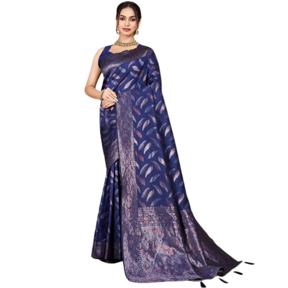 Snuggle Spot Women's Soft Silk Jacquard Saree With Unstitched Blouse 5.5Mtr (Navy Blue)