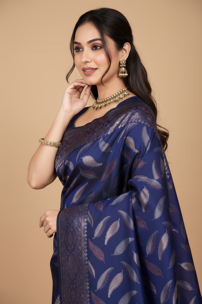 Snuggle Spot Women's Soft Silk Jacquard Saree With Unstitched Blouse 5.5Mtr (Navy Blue)