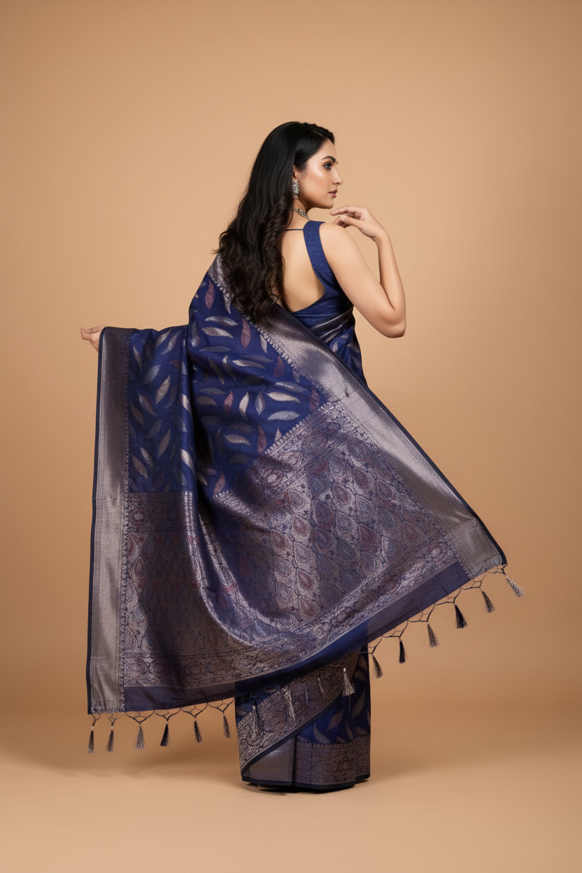 Snuggle Spot Women's Soft Silk Jacquard Saree With Unstitched Blouse 5.5Mtr (Navy Blue)