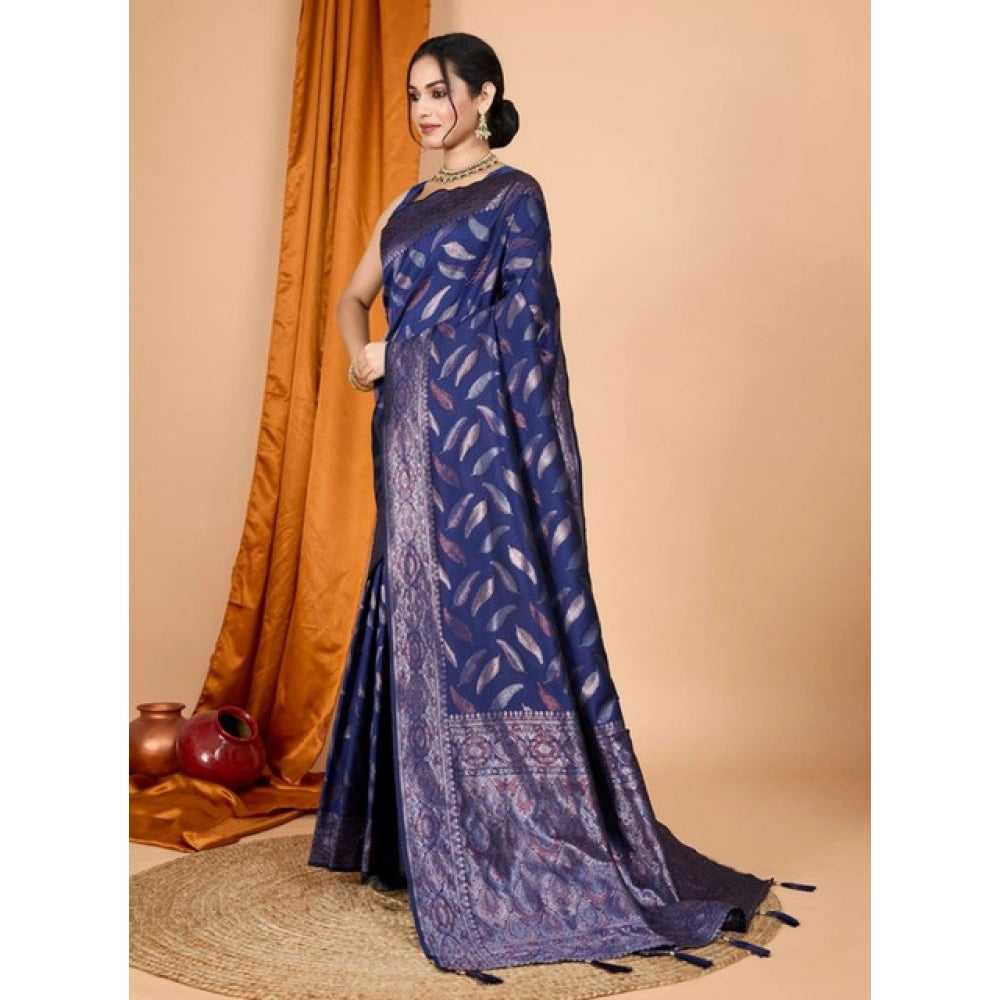 Snuggle Spot Women's Soft Silk Jacquard Saree With Unstitched Blouse 5.5Mtr (Navy Blue)
