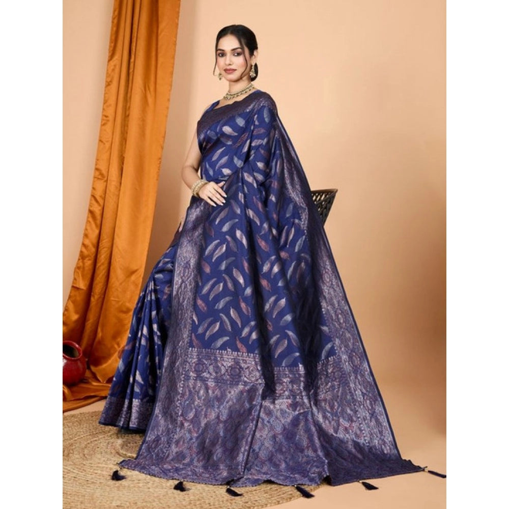 Snuggle Spot Women's Soft Silk Jacquard Saree With Unstitched Blouse 5.5Mtr (Navy Blue)