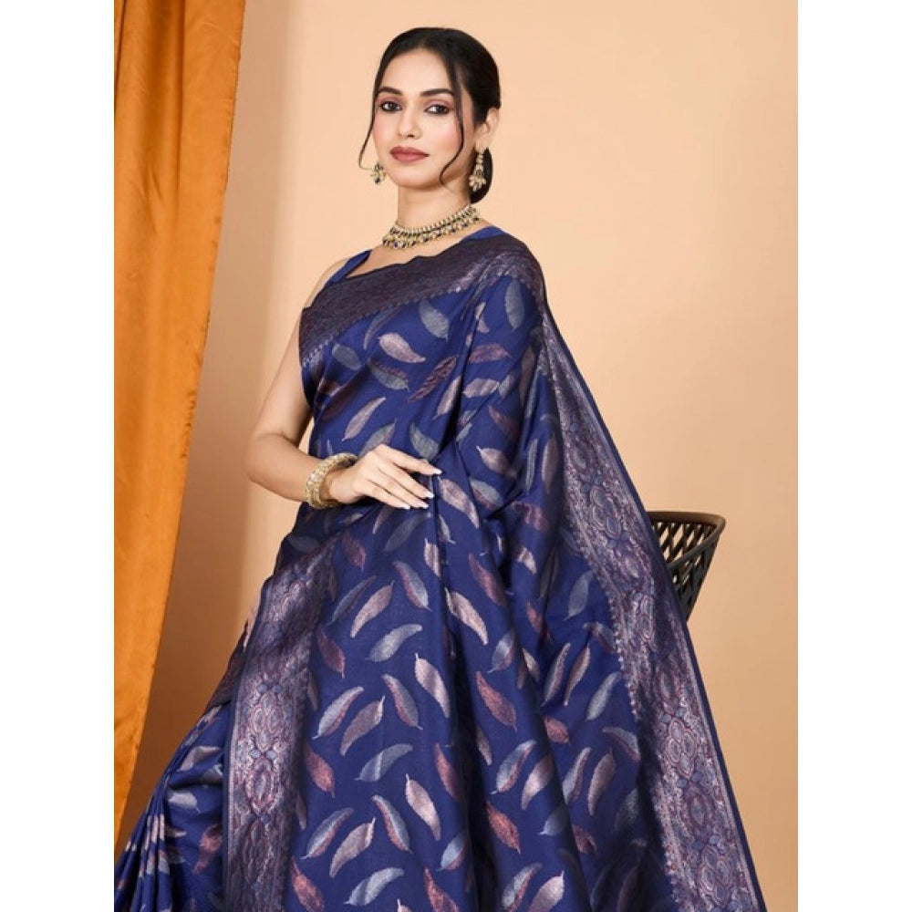 Snuggle Spot Women's Soft Silk Jacquard Saree With Unstitched Blouse 5.5Mtr (Navy Blue)