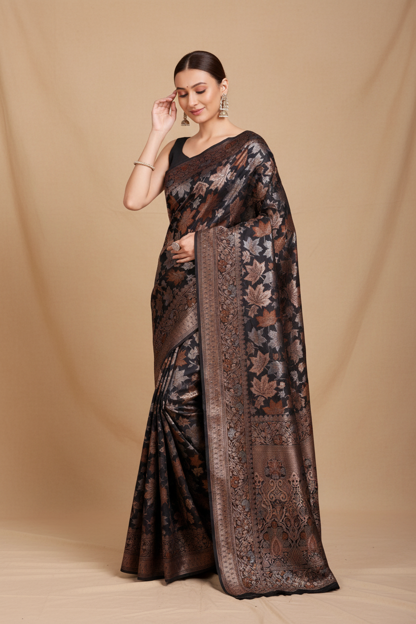 Snuggle Spot Women's Soft Silk Jacquard Saree With Unstitched Blouse 5.5Mtr (Black)